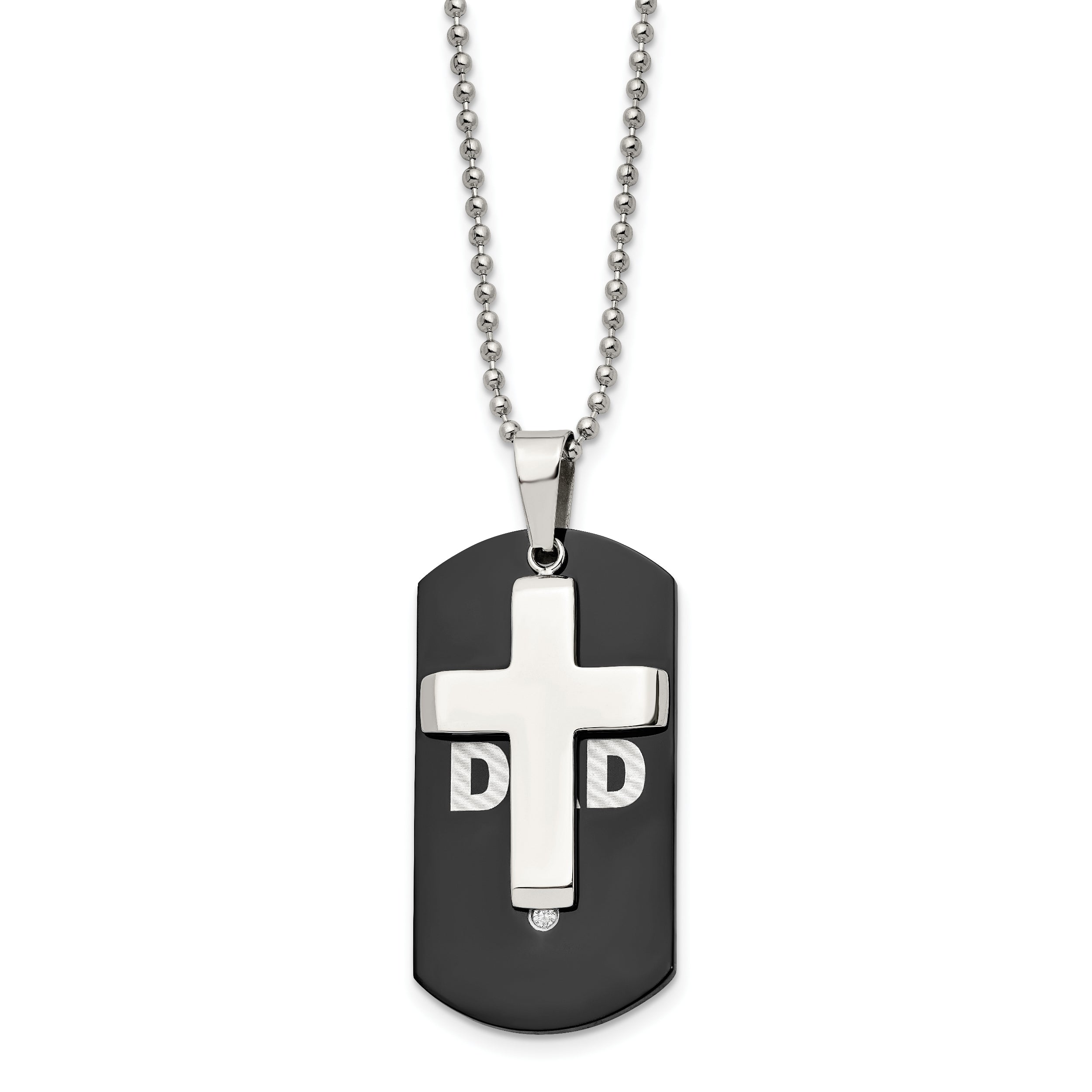 Chisel Stainless Steel Polished Black Ip-Plated With Cz Dad Dog Tag And Cross Pendant On A 22 Inch Ball Chain Necklace