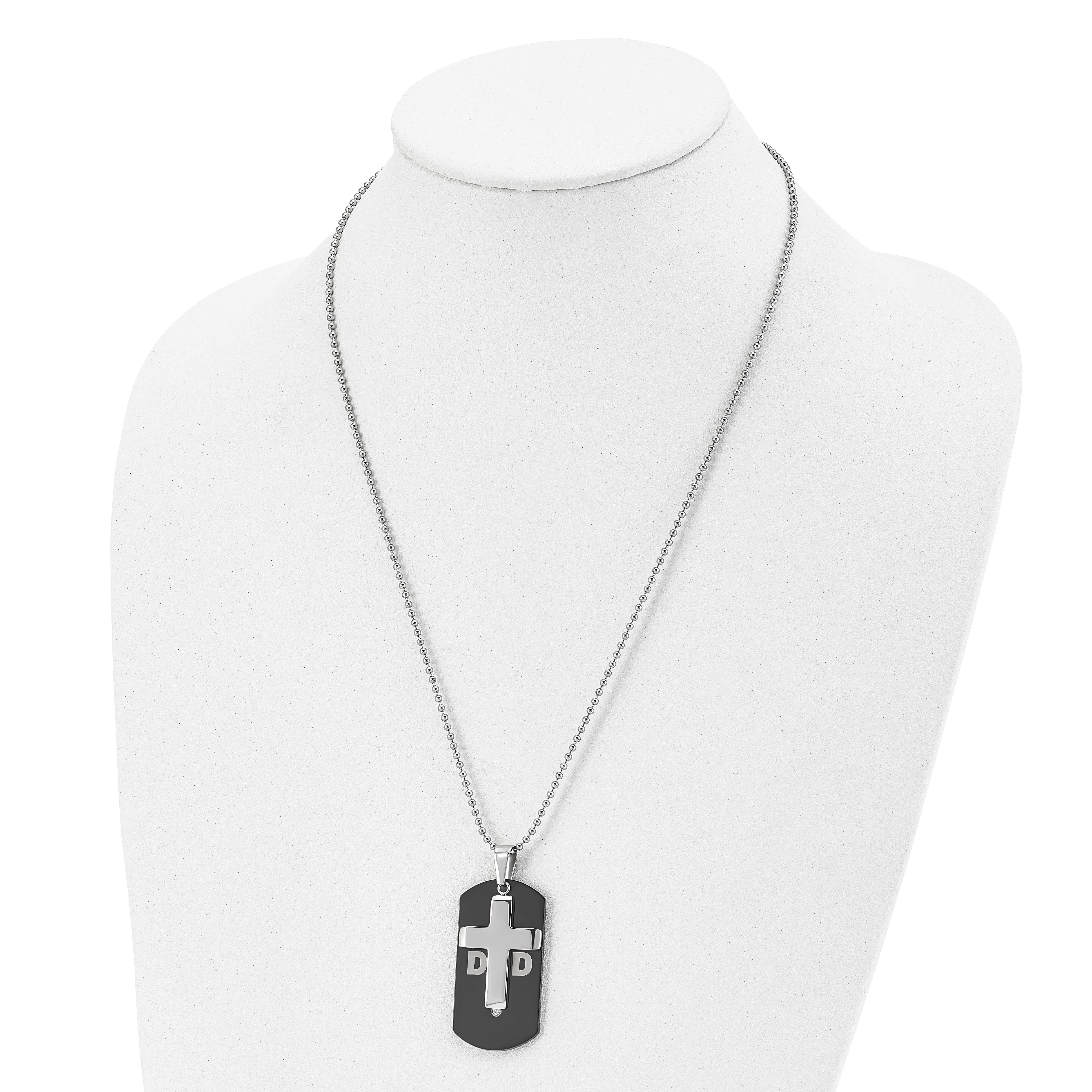 Chisel Stainless Steel Polished Black Ip-Plated With Cz Dad Dog Tag And Cross Pendant On A 22 Inch Ball Chain Necklace