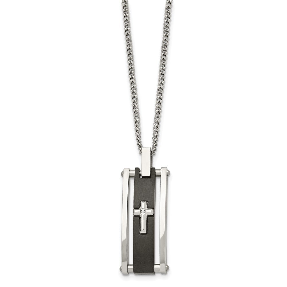 Chisel Stainless Steel Polished Black IP-plated with CZ Cross Pendant on a 22 inch Curb Chain Necklace
