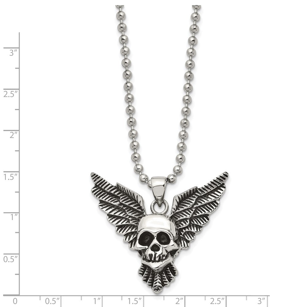 Chisel Stainless Steel Antiqued and Polished Skull with Wings Pendant on a 22 inch Ball Chain Necklace