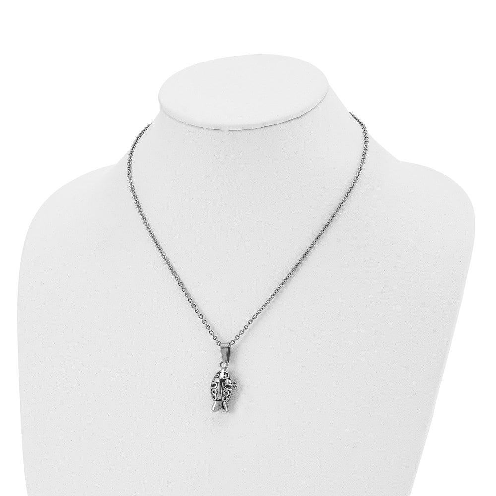 Chisel Stainless Steel Polished and Antiqued Magnetic Fish Prayer Box on an 18 inch Cable Chain Necklace