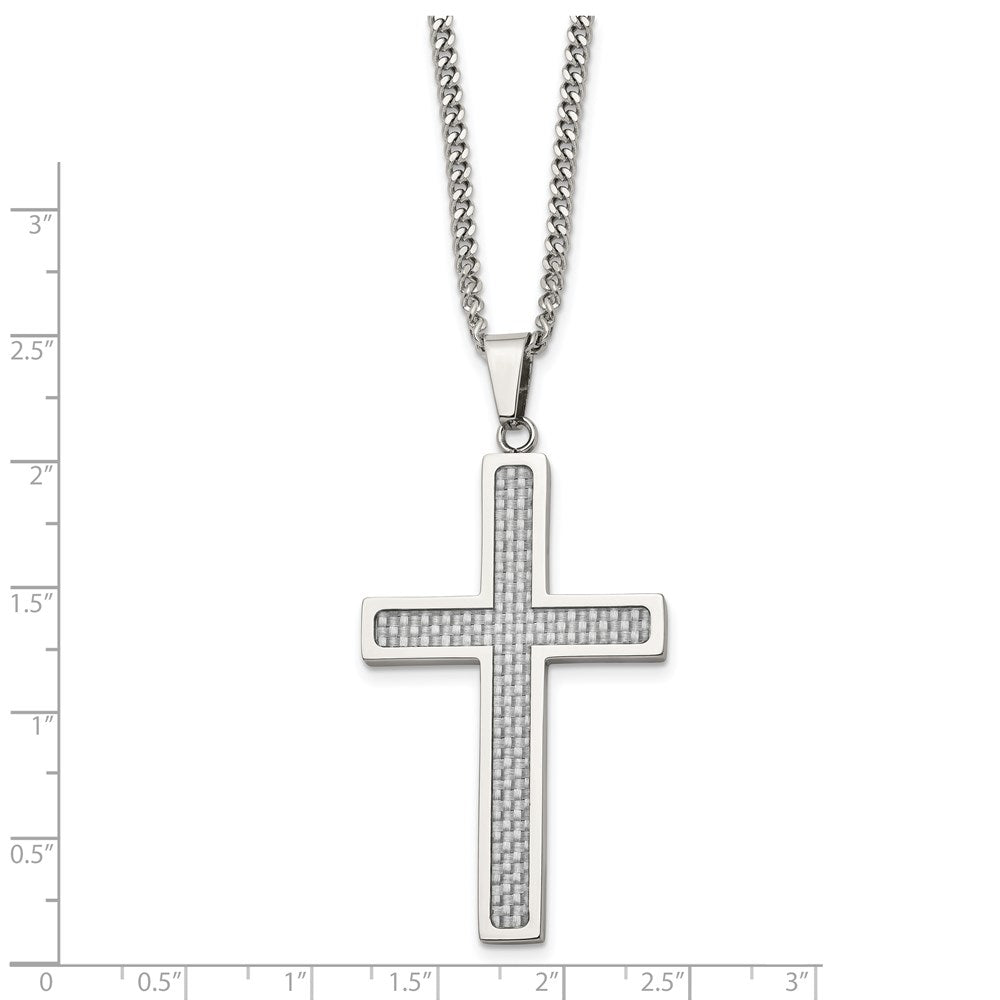 Chisel Stainless Steel Polished with Grey Carbon Fiber Inlay Large Cross Pendant on a 20 inch Curb Chain Necklace