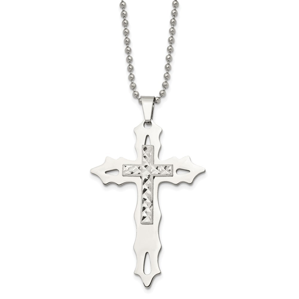 Chisel Stainless Steel Polished with Sterling Silver Inlay Cross Pendant on a 20 inch Ball Chain Necklace