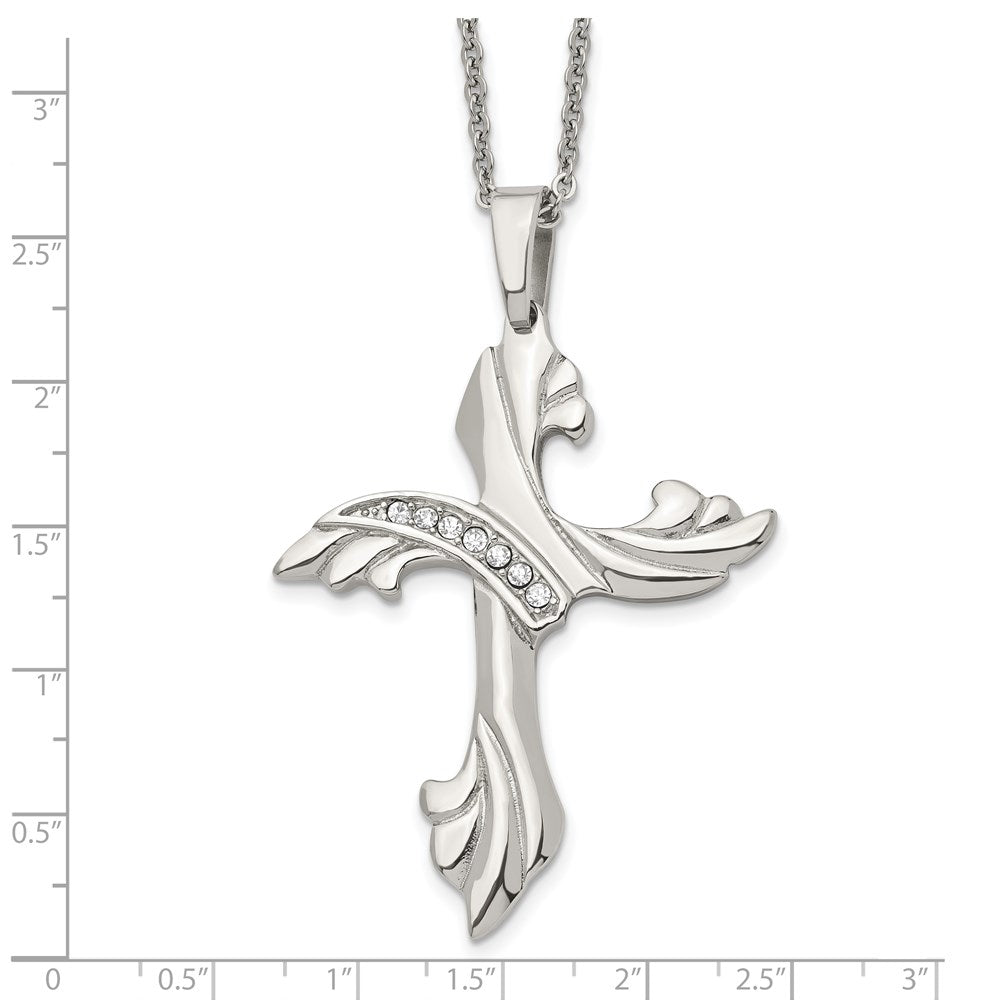 Chisel Stainless Steel Polished with CZ Swirl Cross Pendant on a 20 inch Cable Chain Necklace