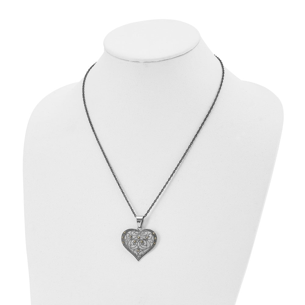 Chisel Stainless Steel Antiqued and Polished with Marcasite Heart Pendant on a 20 inch Singapore Chain Necklace