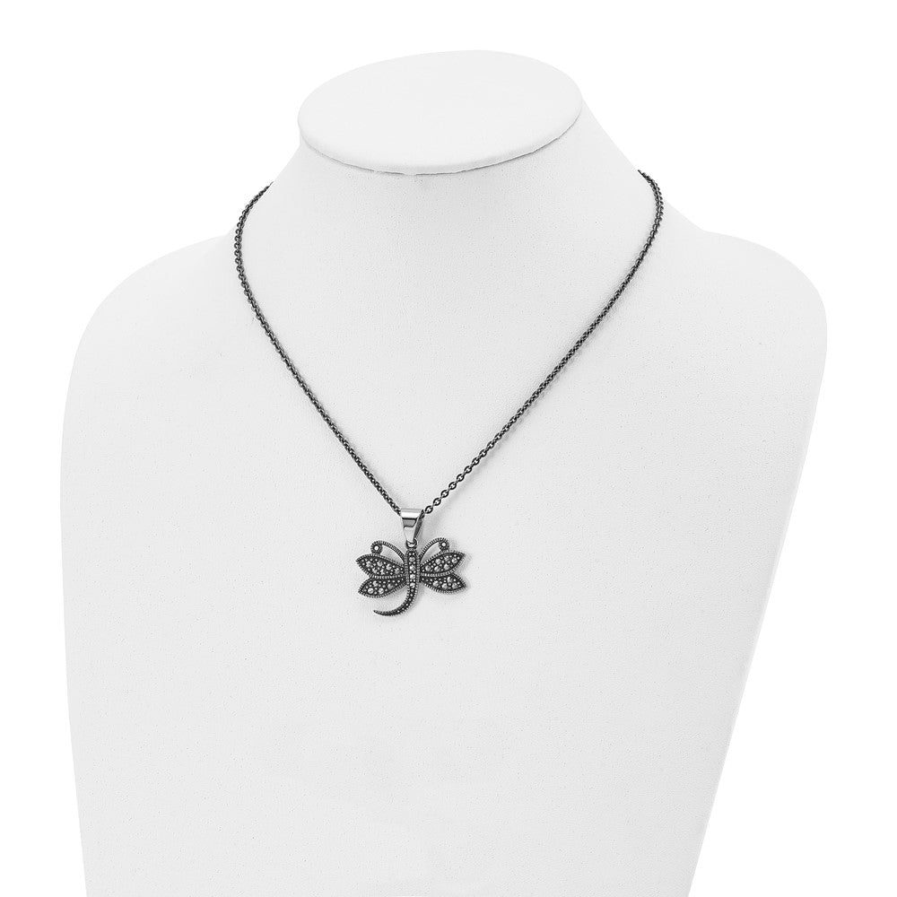 Chisel Stainless Steel Antiqued and Polished with Marcasite Dragonfly Pendant on an 18 inch Cable Chain Necklace