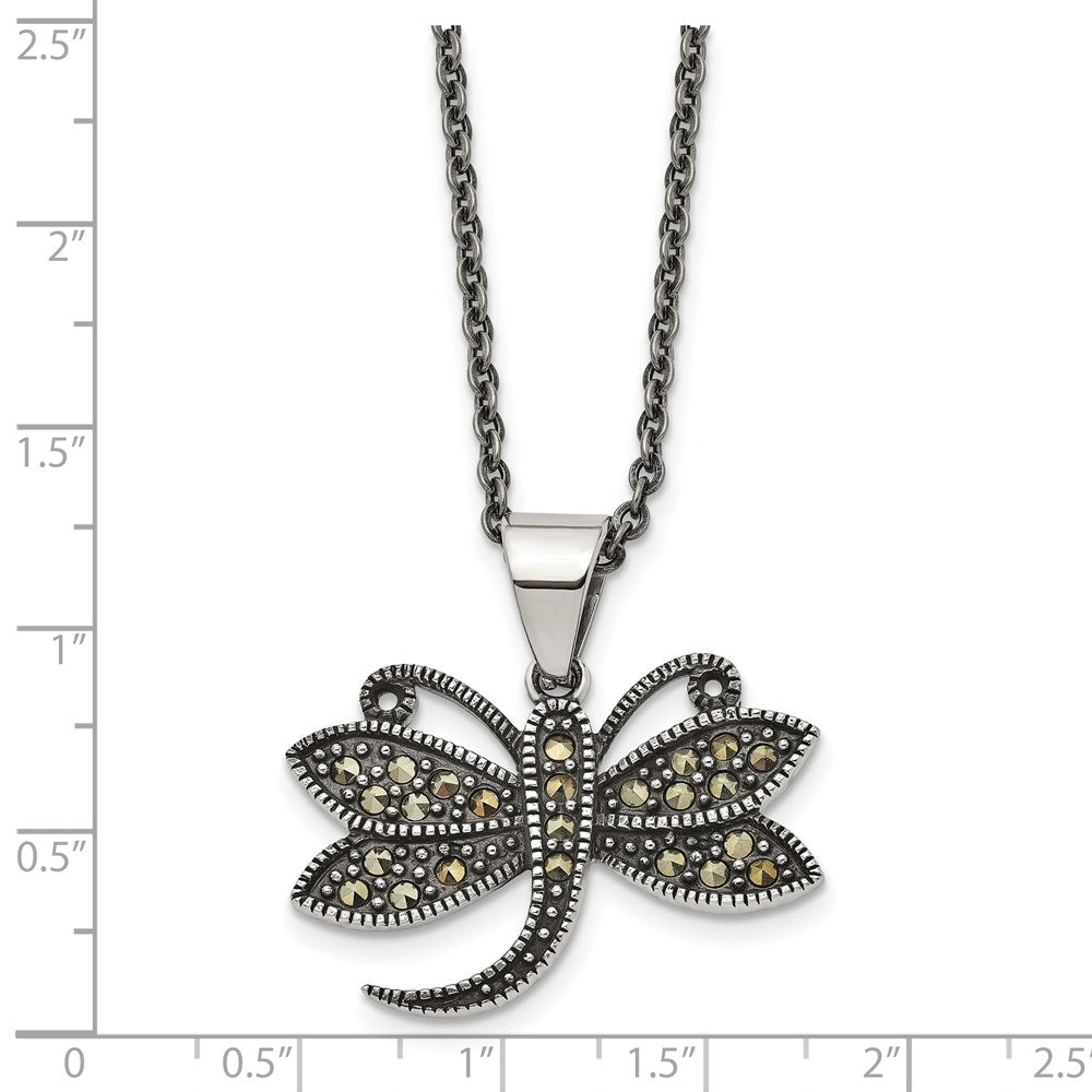 Chisel Stainless Steel Antiqued and Polished with Marcasite Dragonfly Pendant on an 18 inch Cable Chain Necklace