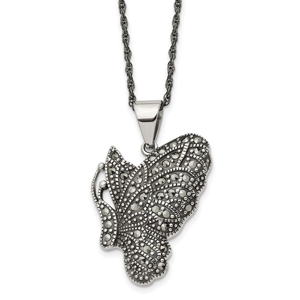 Chisel Stainless Steel Antiqued and Polished with Marcasite Butterfly Pendant on a 20 inch Singapore Chain Necklace