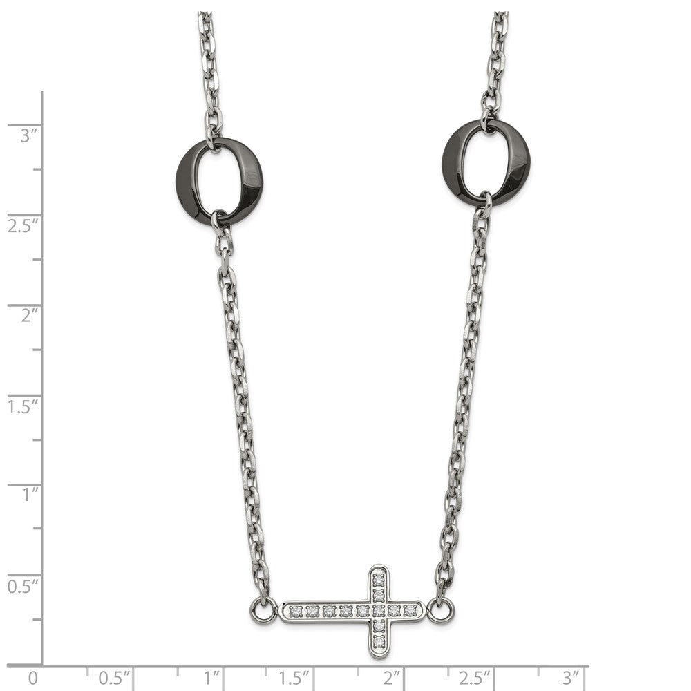 Stainless Steel & Black Ceramic Polished Sideways CZ Cross Necklace