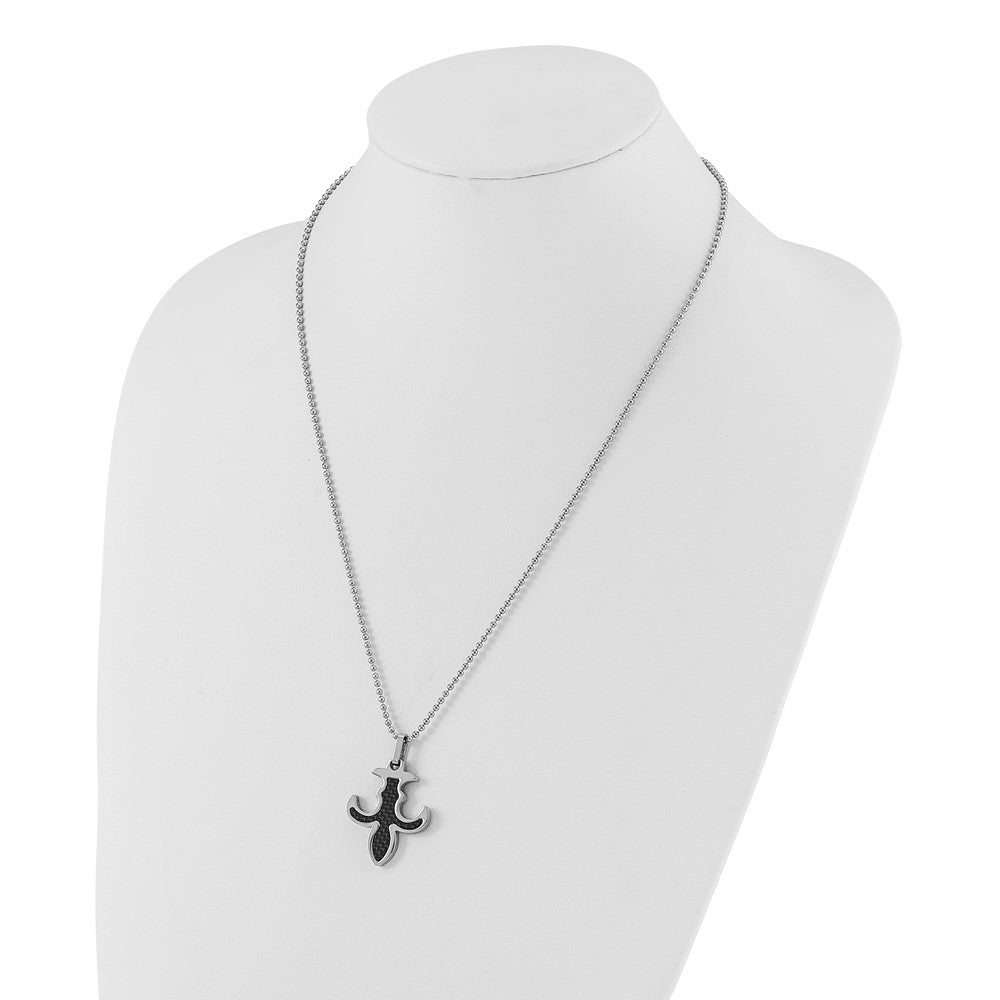 Stainless Steel Polished Black Carbon Fiber Inlay Fleur de Lis Necklace