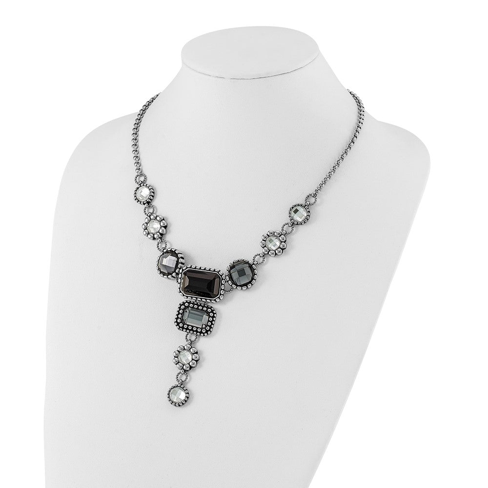 Stainless Steel Polished/Antiqued Fancy Glass Beads w/2in ext. Necklace