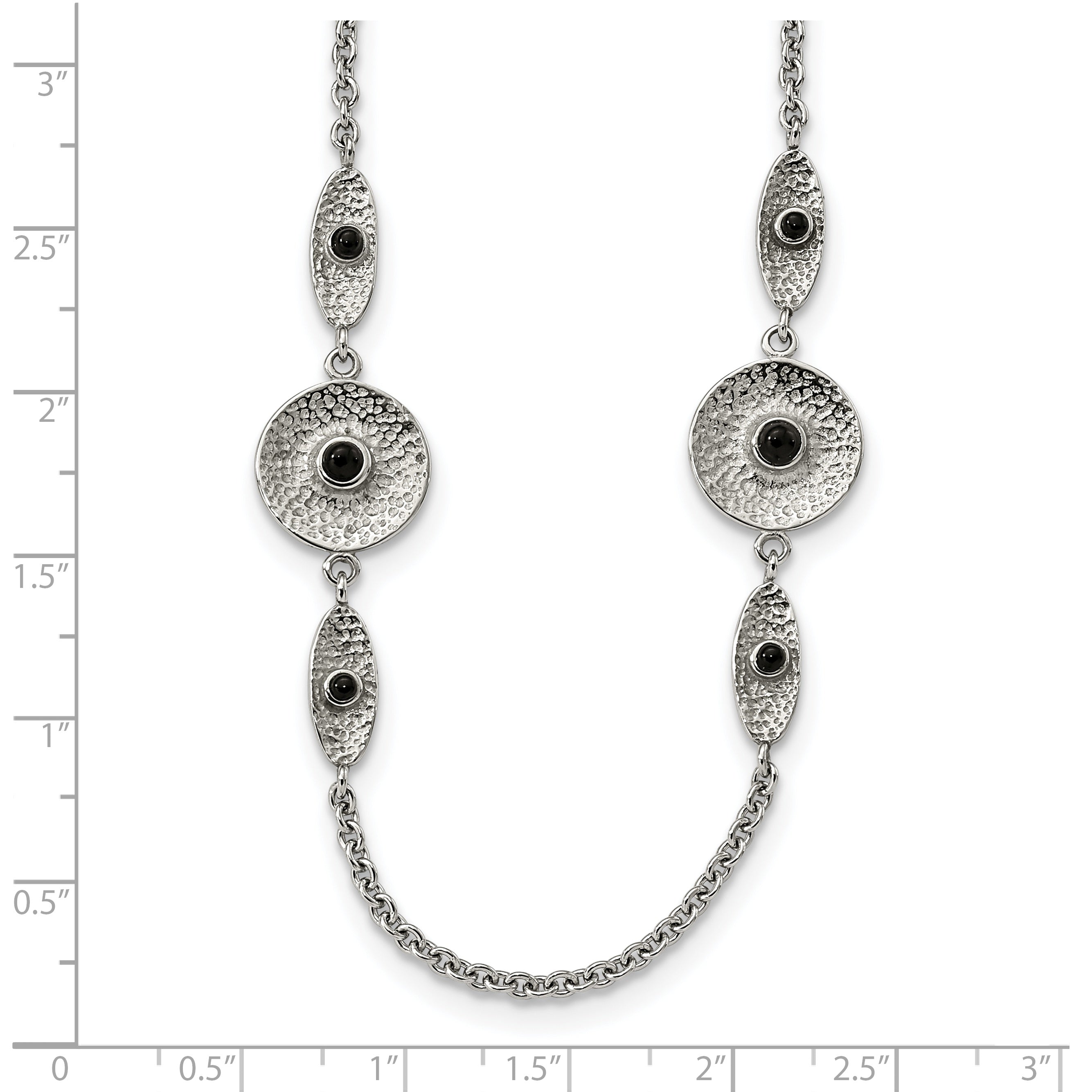 Stainless Steel Polished and Textured Black Onyx 34in w/2in ext Necklace