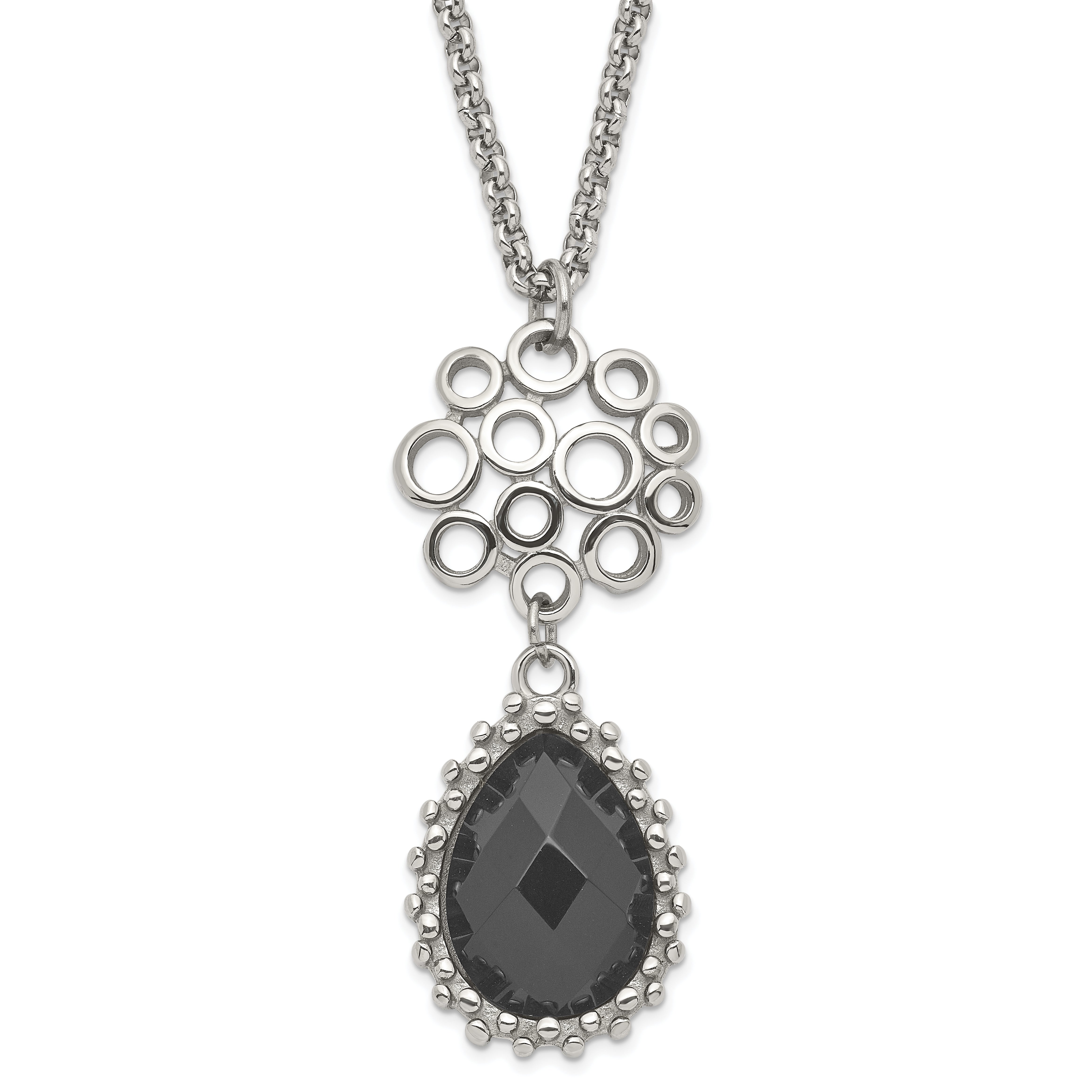 Stainless Steel Polished Circles & Teardrop Onyx w/2in ext. Necklace