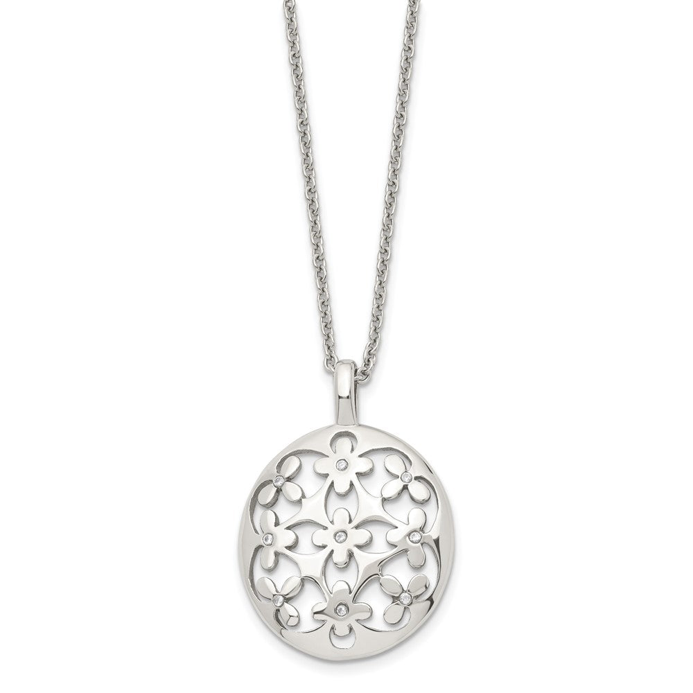 Stainless Steel Polished Circle w/CZ Flowers 18.25in w/2in ext Necklace