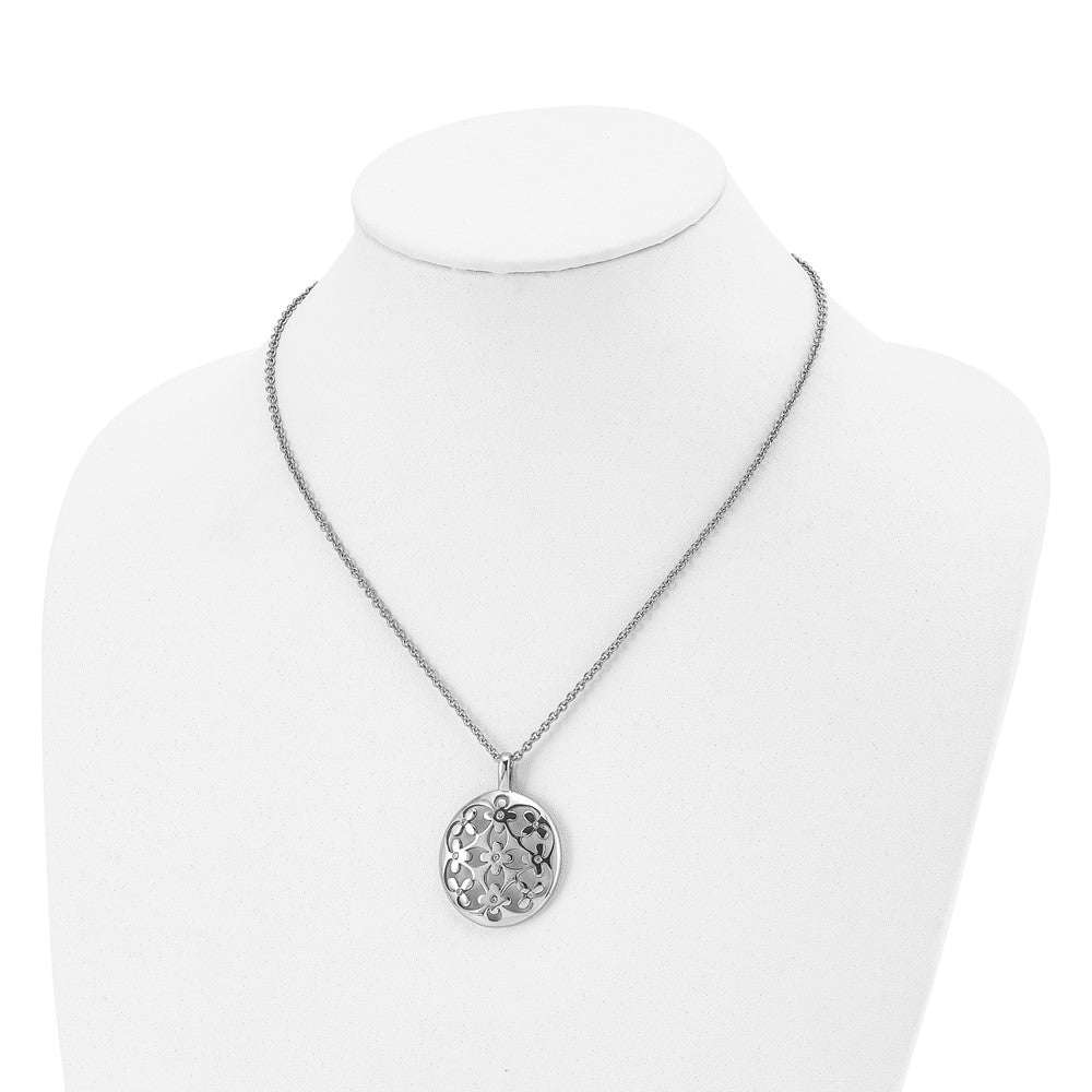 Stainless Steel Polished Circle w/CZ Flowers 18.25in w/2in ext Necklace