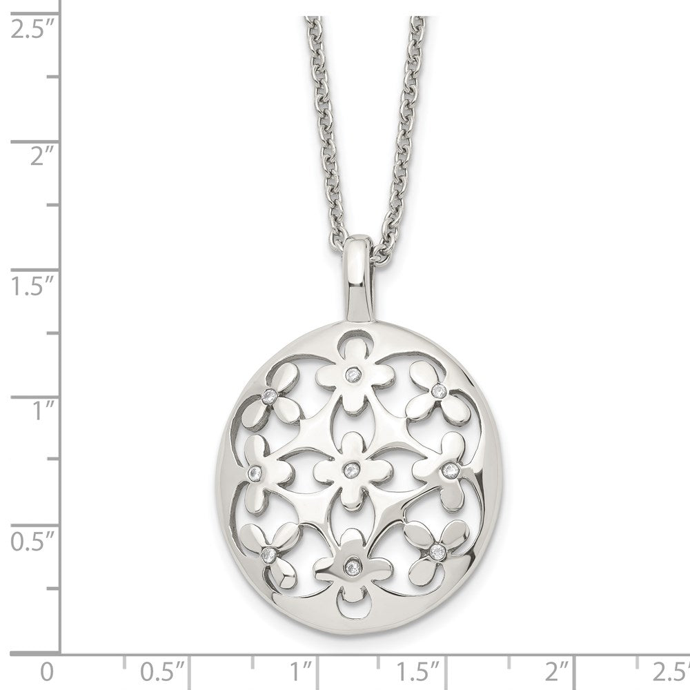 Stainless Steel Polished Circle w/CZ Flowers 18.25in w/2in ext Necklace