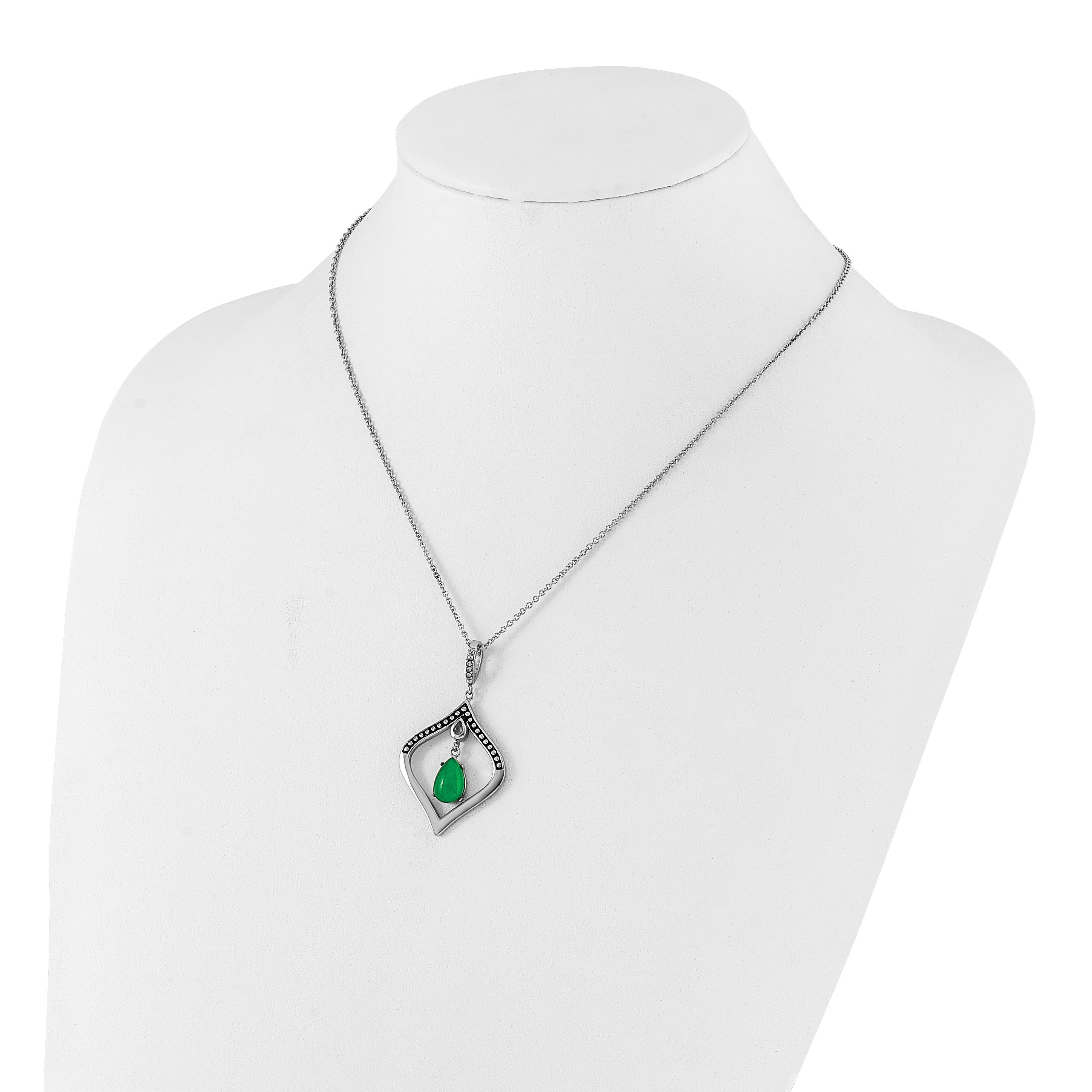 Stainless Steel Polished & Antiqued Synthetic Dyed Jade & CZ w/2in ext. Necklace