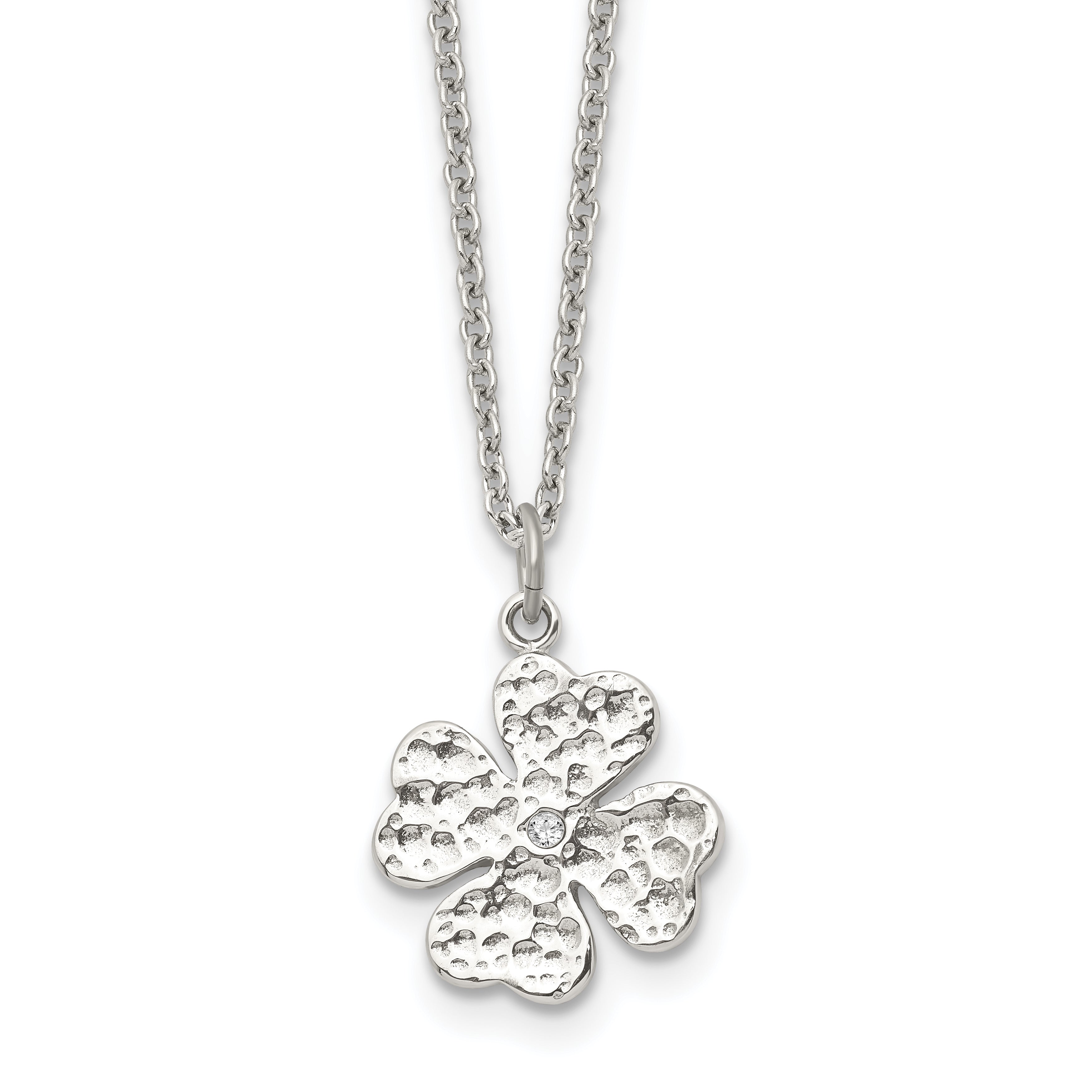 Stainless Steel Polished and Textured w/Crystal Four Leaf Clover Necklace