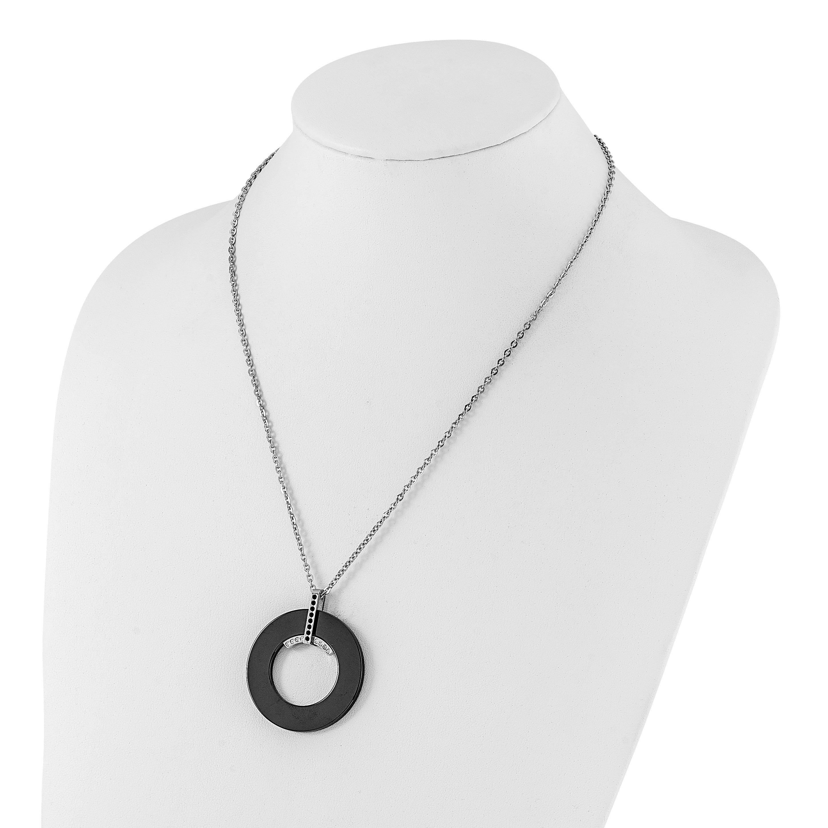 Stainless Steel Polished Black Ceramic Black & Clear CZ Circle Necklace