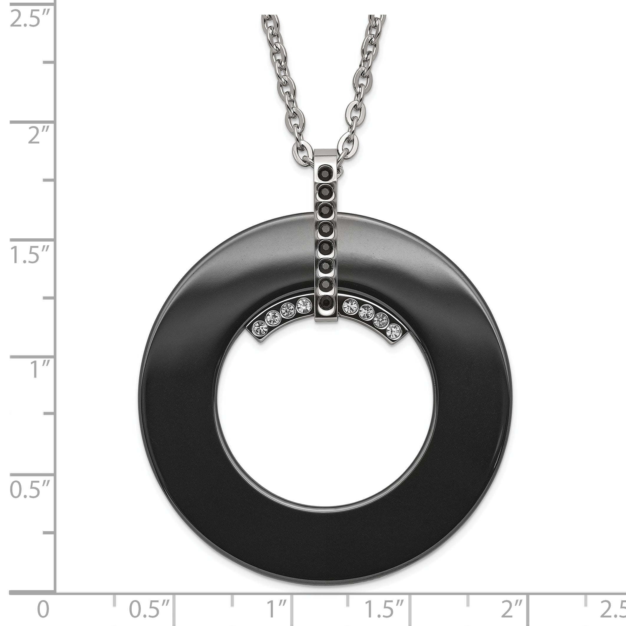 Stainless Steel Polished Black Ceramic Black & Clear CZ Circle Necklace