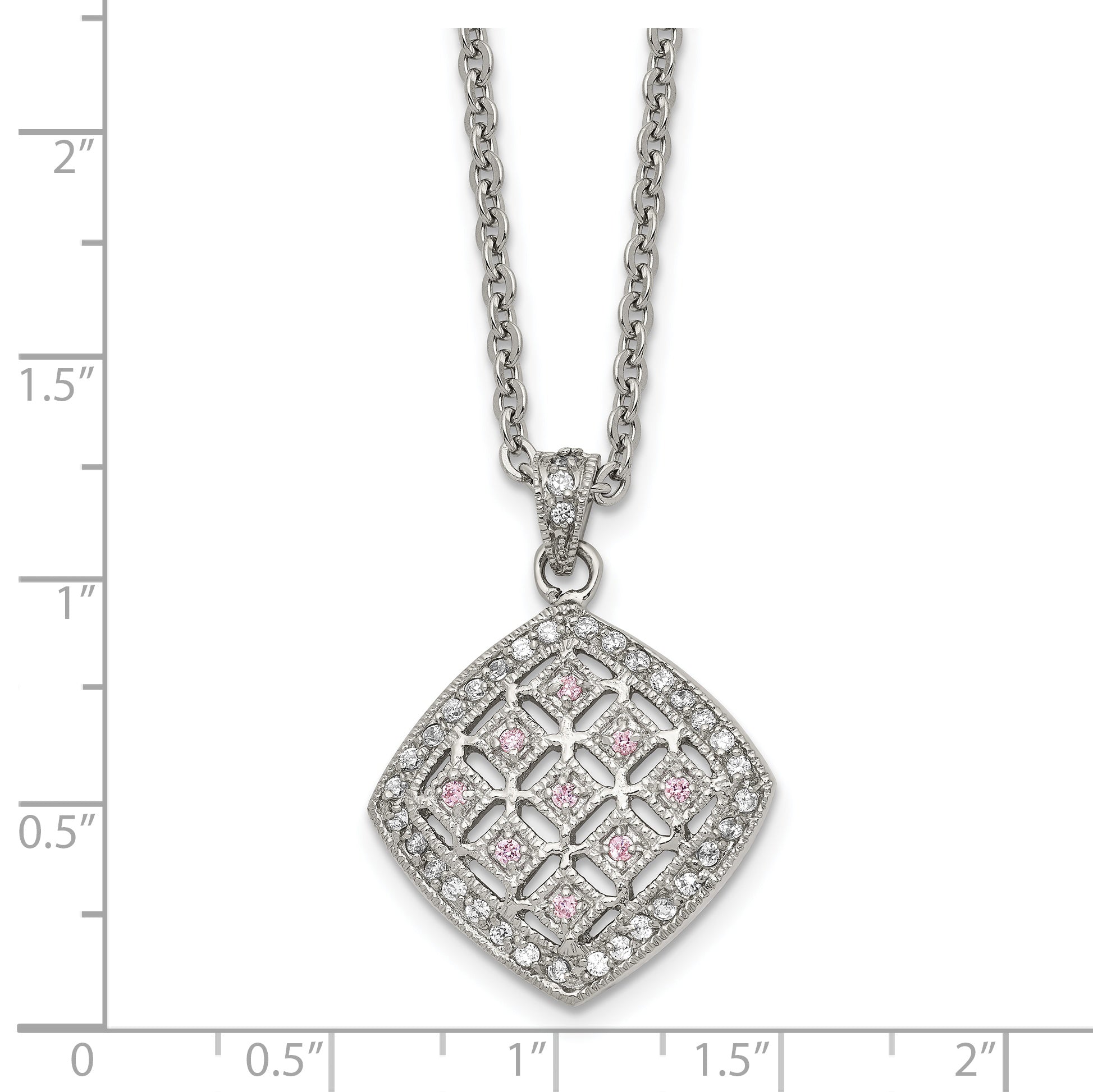 Chisel Stainless Steel Polished Clear and Pink CZ Square Pendant on a 18 inch Cable Chain Necklace