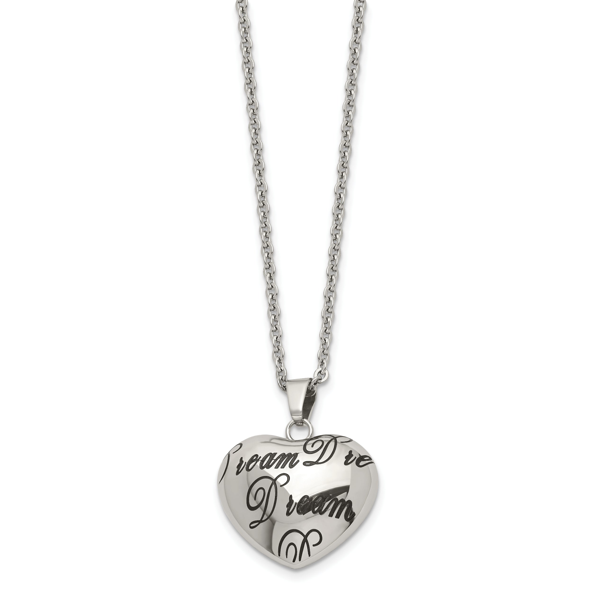 Stainless Steel Polished Enameled DREAM Hollow Heart 18in Necklace