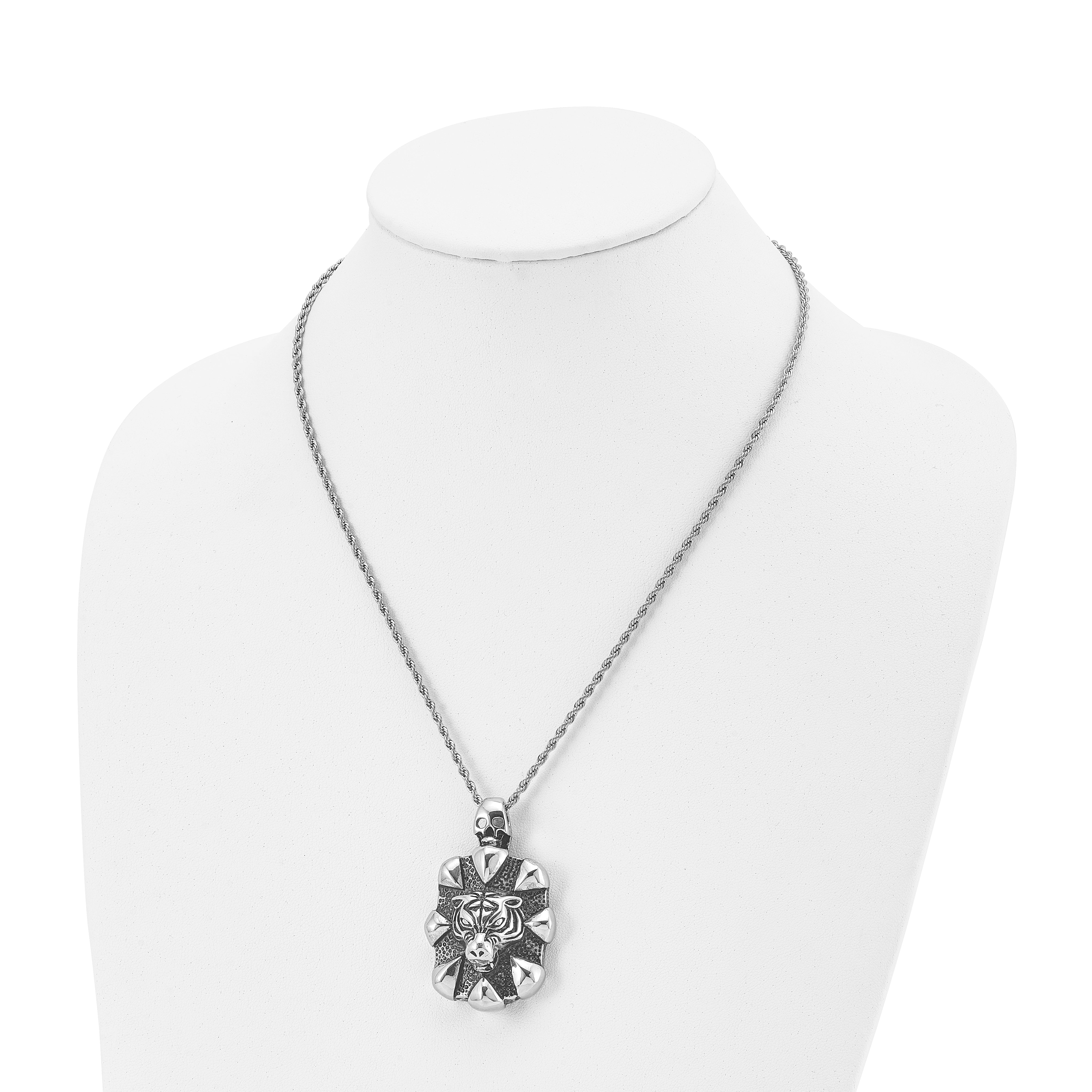 Chisel Stainless Steel Antiqued and Polished Tiger and Skull Pendant on a 20 inch Rope Chain Necklace