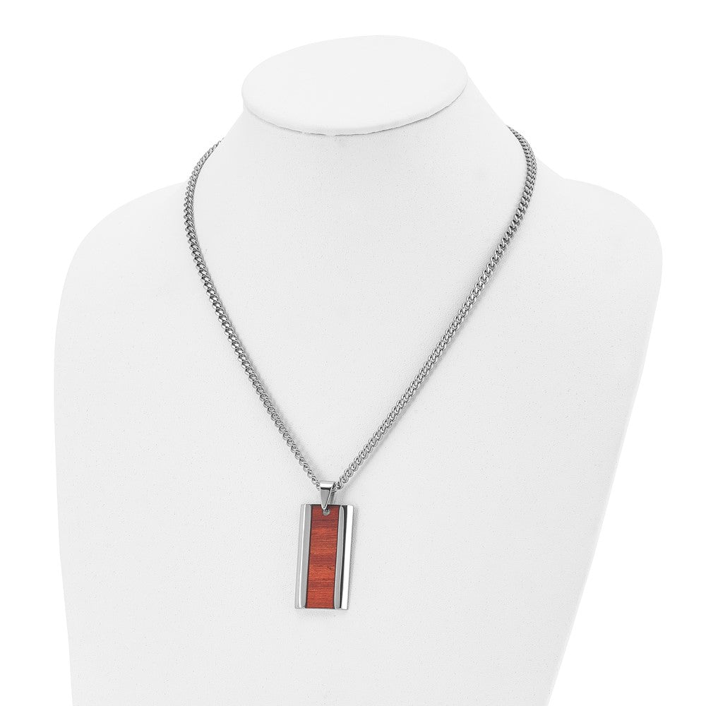 Chisel Stainless Steel Polished Red Koa Wood Inlay Enameled Pendant on a 20 inch Curb Chain Necklace