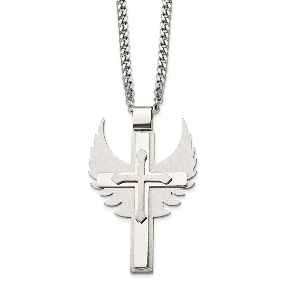 Chisel Stainless Steel Brushed and Polished Cross with Wings Pendnat on a 20 inch Curb Chain Necklace