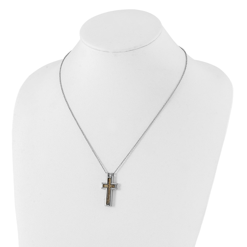 Stainless Steel Polished Cream/Brown Enameled Inlay Cross Necklace