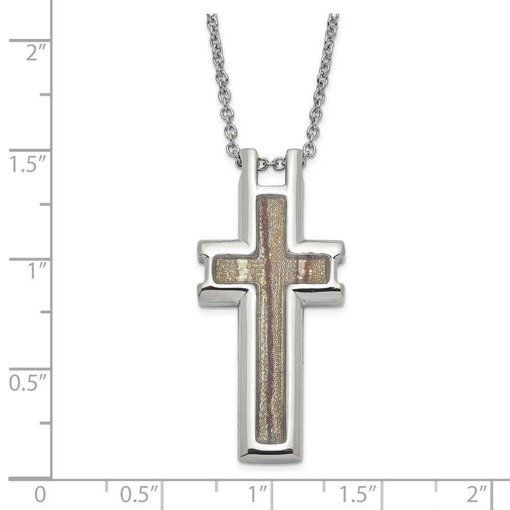 Stainless Steel Polished Cream/Brown Enameled Inlay Cross Necklace