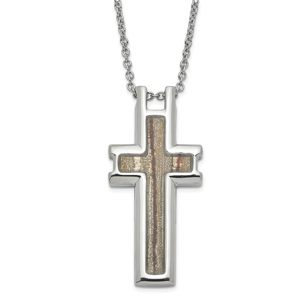 Stainless Steel Polished Cream/Brown Enameled Inlay Cross Necklace