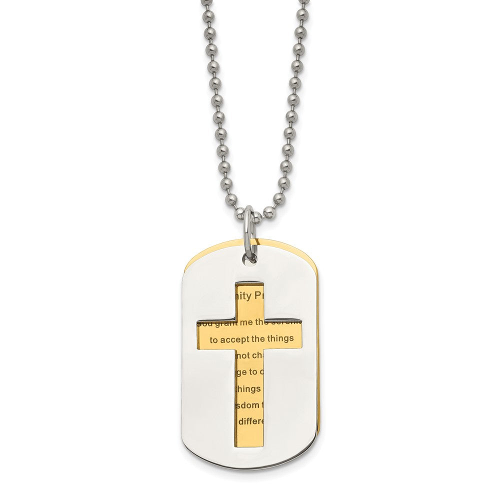 Chisel Stainless Steel Polished Yellow IP-plated 2 Piece Cross Serenity Prayer Dog Tag on a 22 inch Ball Chain Necklace