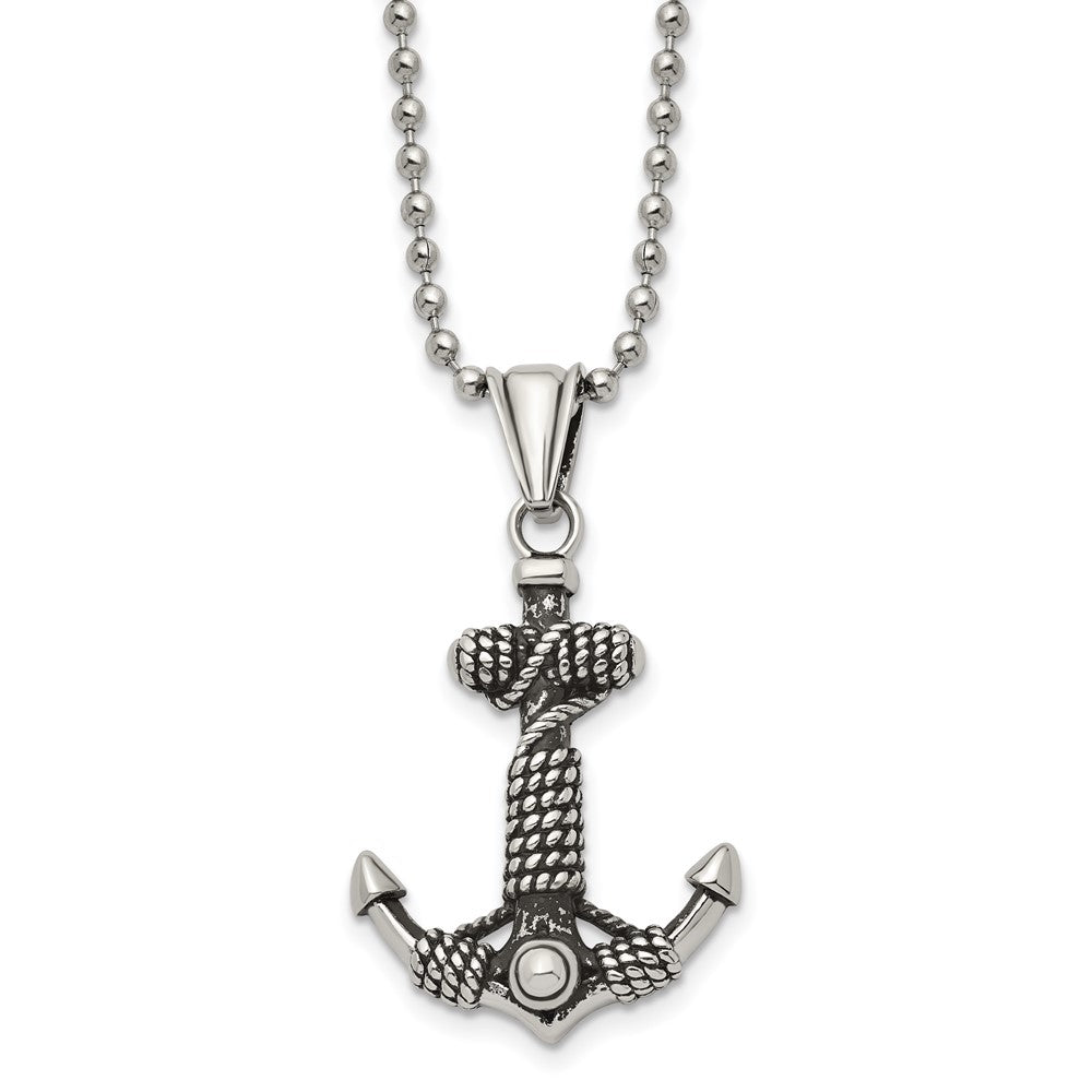 Chisel Stainless Steel Antiqued and Polished Anchor with Rope Pendant on a 24 inch Ball Chain Necklace