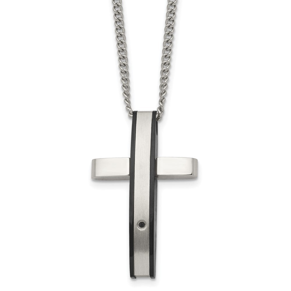 Chisel Stainless Steel Polished Black IP-plated .01 carat Diamond Cross Pendant on a 24 inch Curb Chain Necklace