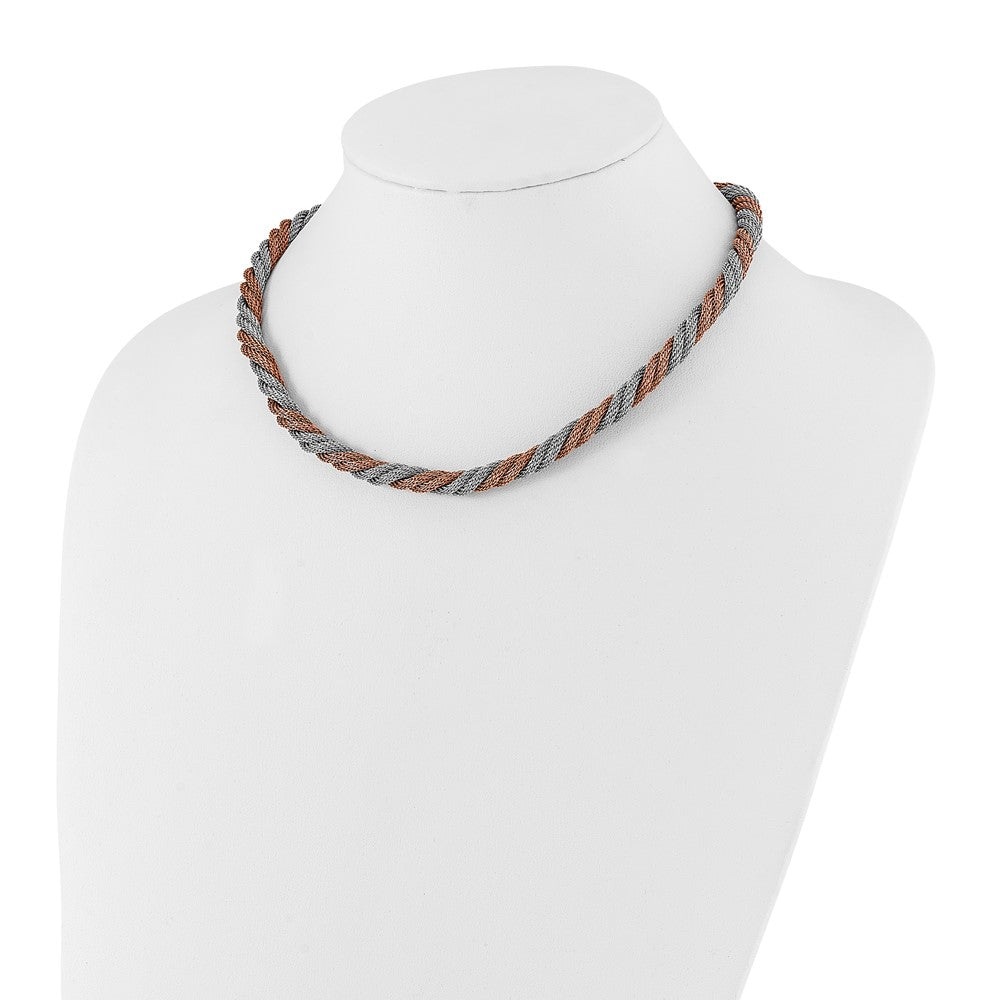 Stainless Steel Polished Rose IP-plated Twisted Mesh Necklace