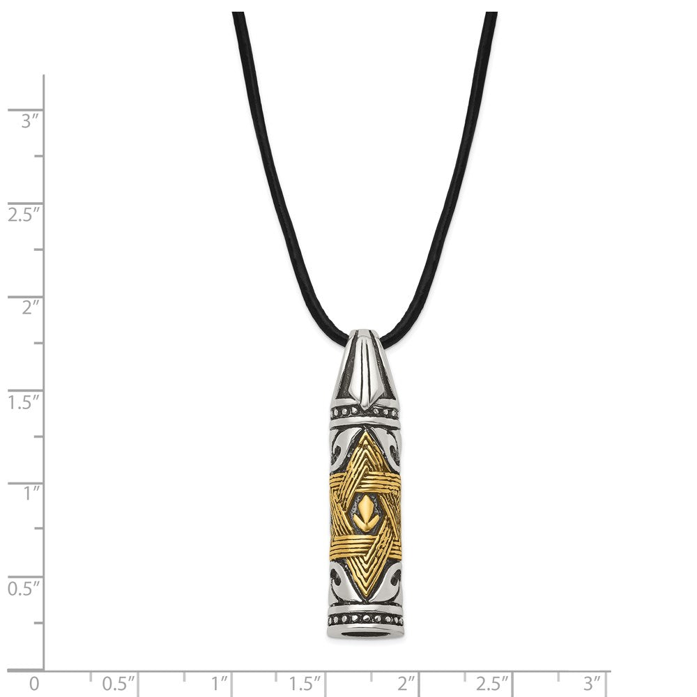 Chisel Stainless Steel Antiqued and Polished with Yellow IP-plated Accent Star of David Pendant on a 20 inch Leather Cord...