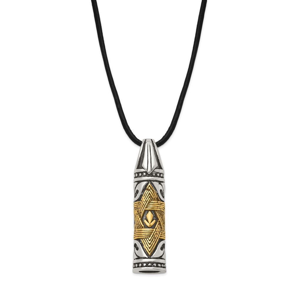 Chisel Stainless Steel Antiqued and Polished with Yellow IP-plated Accent Star of David Pendant on a 20 inch Leather Cord...
