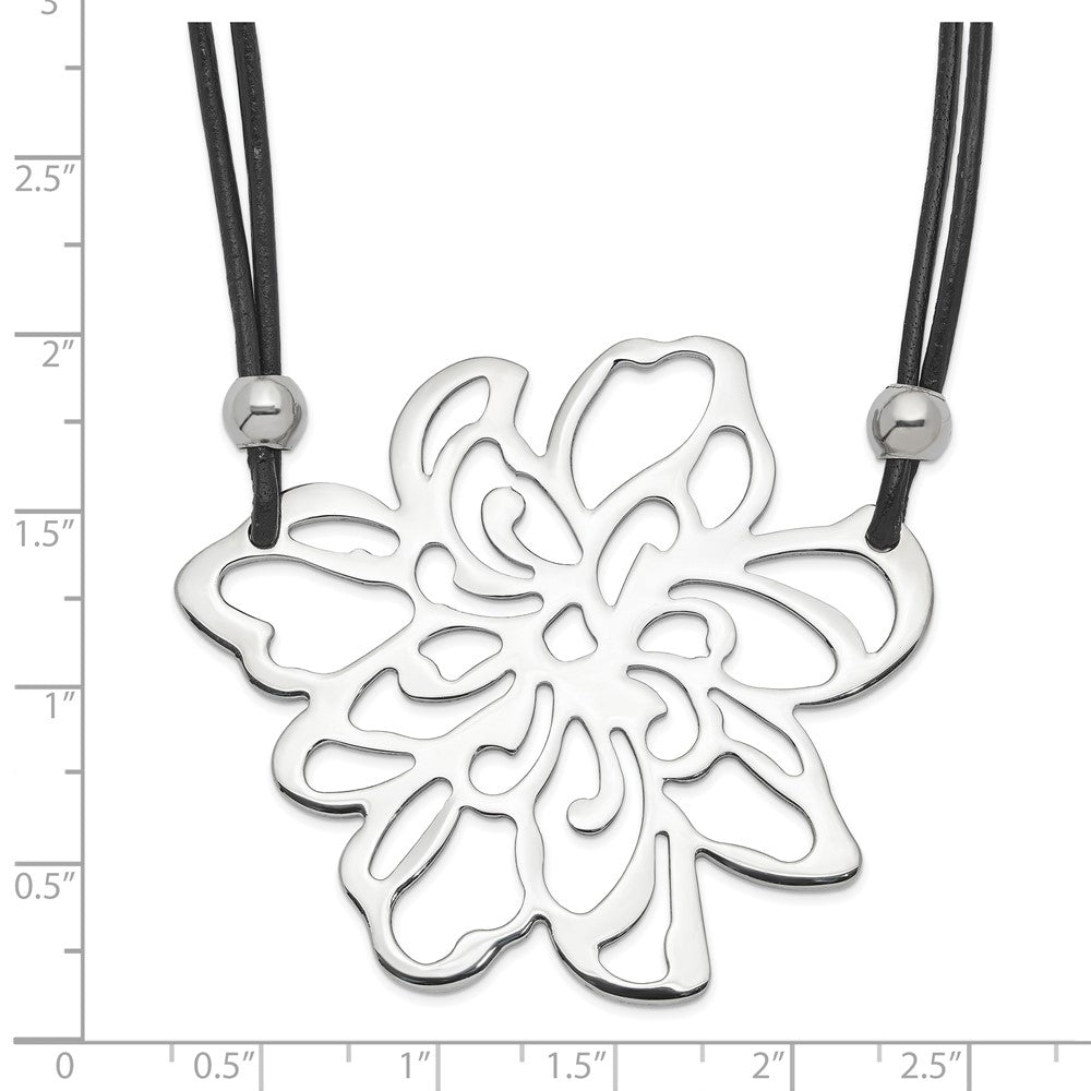 Stainless Steel Polished Flower w/Black Leather Cord Necklace