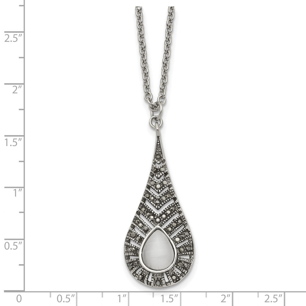 Stainless Steel Polished w/Marcasite and Cat's Eye 18in Necklace
