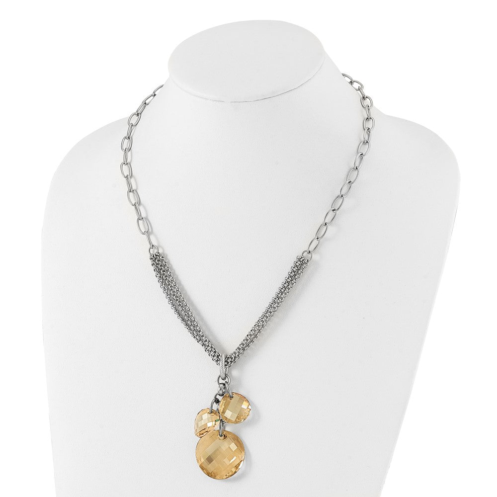 Stainless Steel Polished Champagne Crystal Drop Necklace