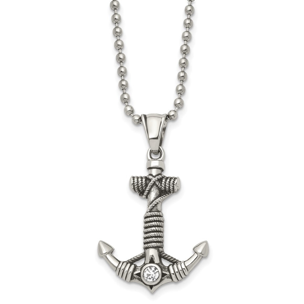 Chisel Stainless Steel Antiqued and Polished with CZ Anchor with Rope Pendant on a 20 inch Ball Chain Necklace
