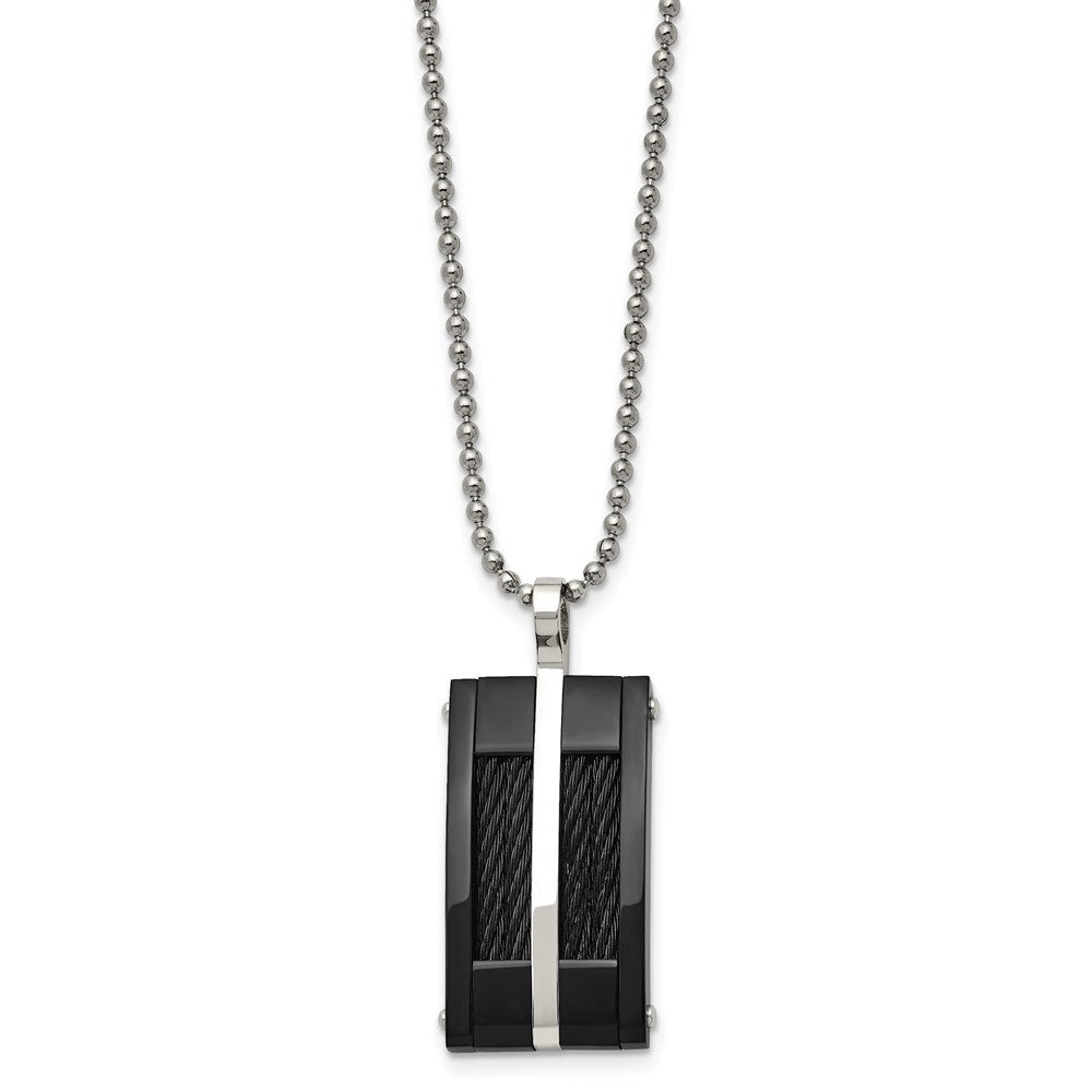 Stainless Steel 20in Polished Black IP-plated w/Cable Rectangle Necklace