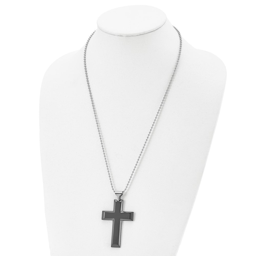 Chisel Stainless Steel Polished Black IP-plated Large Cross Pendant on a 24 inch Ball Chain Necklace
