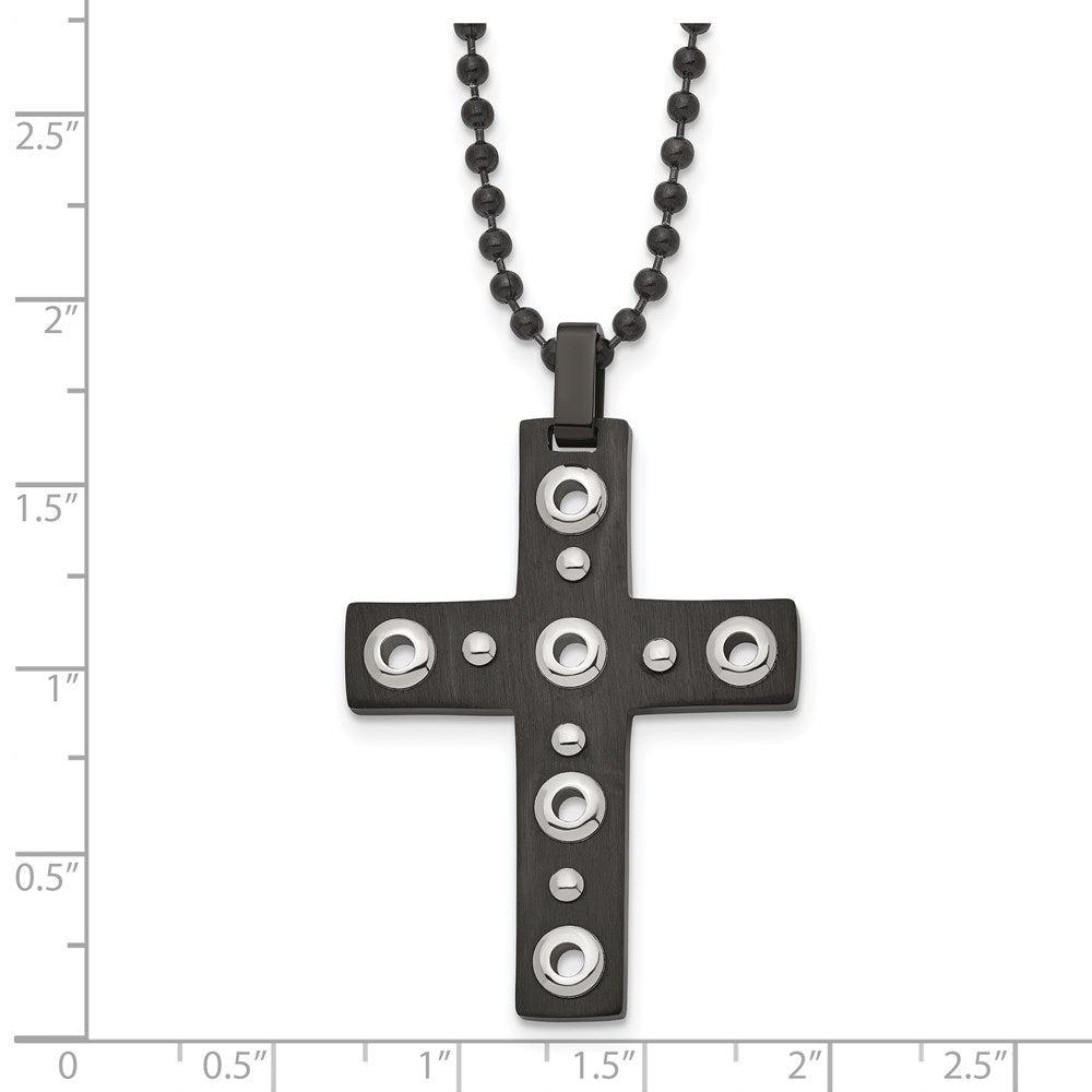 Stainless Steel Brushed and Polished Black IP-plated Cross 22in Necklace