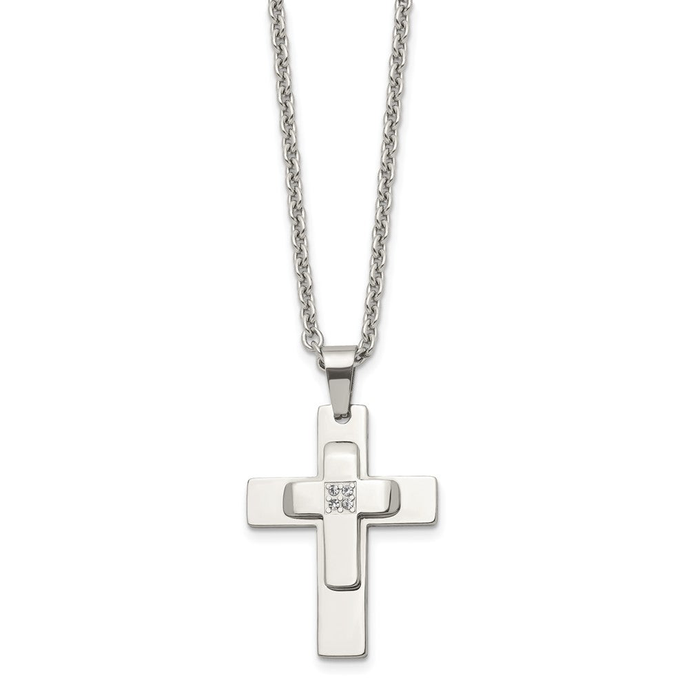 Chisel Stainless Steel Polished with CZ Cross Pendant on a 22 inch Cable Chain Necklace