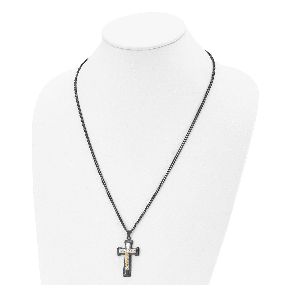 Chisel Stainless Steel Polished Black IP-plated, Gold-plated and Silver-Plated Brass Crucifix on a 24 inch Curb Chain Neck...