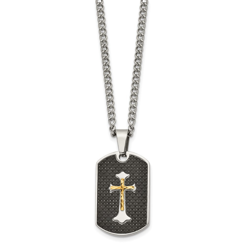 Chisel Stainless Steel Polished with Sterling Silver and Carbon Fiber Inlay Yellow IP-plated Cross on a 24 inch Curb Chain...