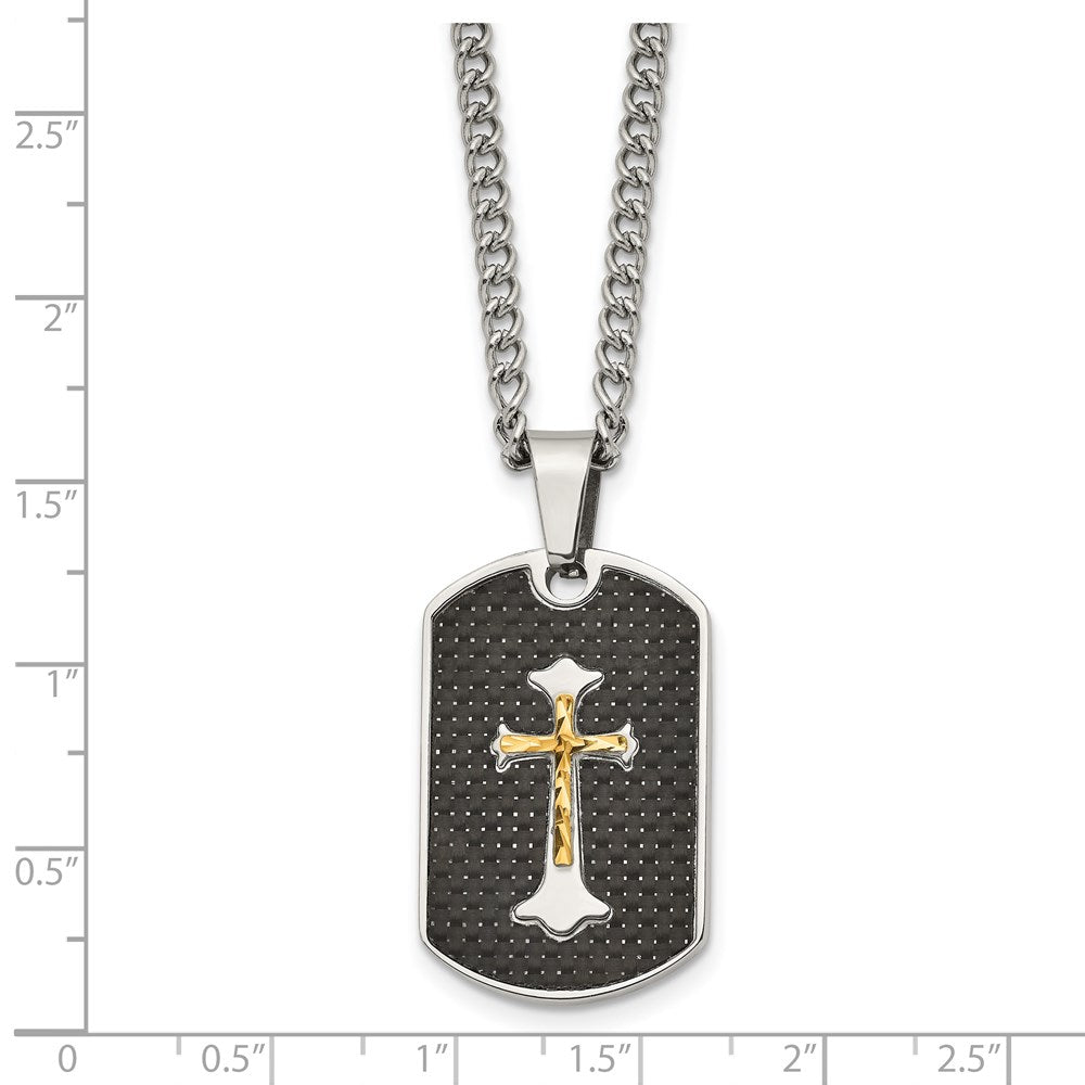 Chisel Stainless Steel Polished with Sterling Silver and Carbon Fiber Inlay Yellow IP-plated Cross on a 24 inch Curb Chain...