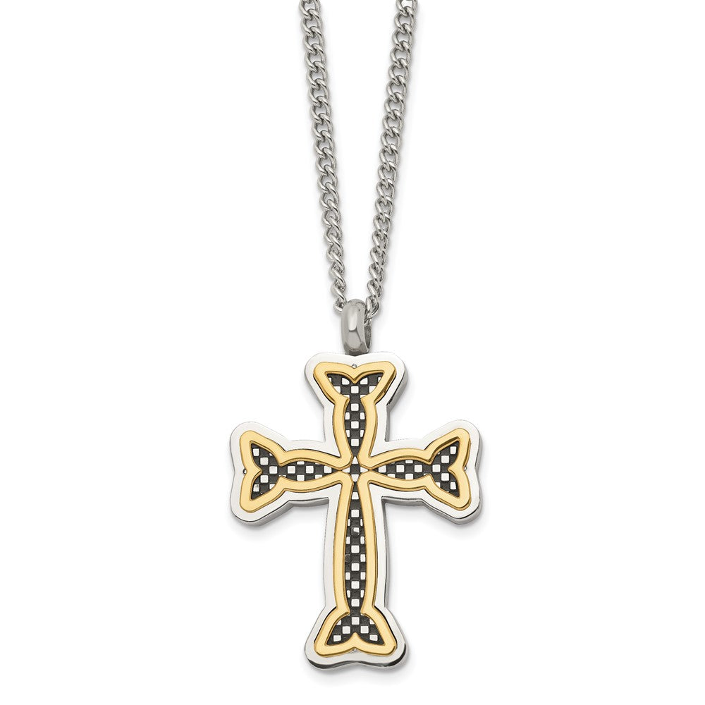 Stainless Steel Polished Black and Yellow IP-plated Cross 24in Necklace